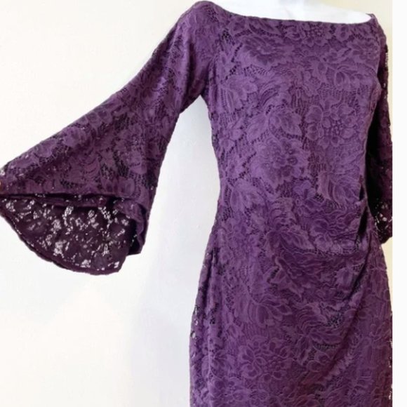 Lauren Ralph Lauren Purple Lace Off-the-Shoulder Trumpet Sleeve Dress Size 16 - Picture 3 of 6